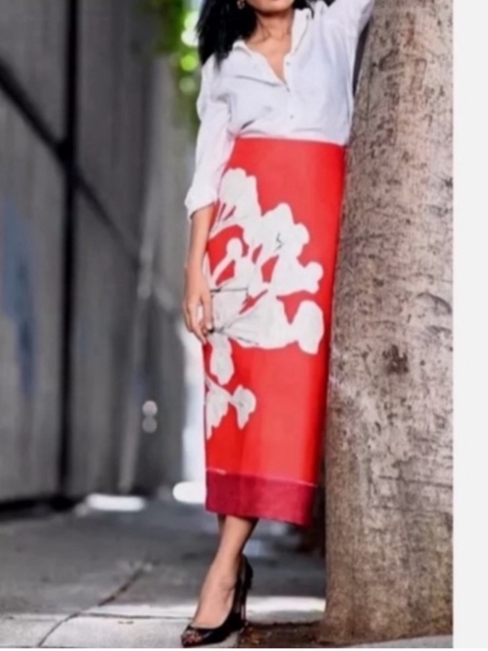 ZARA Red White Floral Linen Cotton Pencil Skirt - Picture 5 of 11